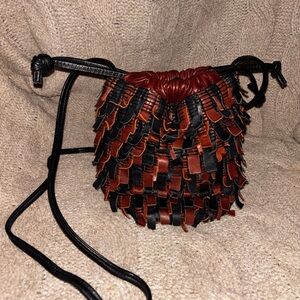 The Narda Collection Vintage Black & Brown Woven Leather Boho Fringe Bucket Bag
